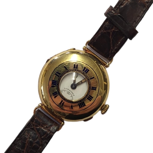 38 - LONGINES, AN EARLY 20TH CENTURY 18CT GOLD DEMI HUNTER GENT’S WRISTWATCH
Having a glazed aperture to ... 