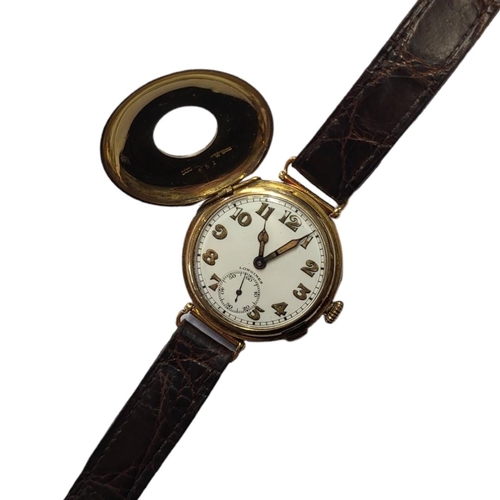 38 - LONGINES, AN EARLY 20TH CENTURY 18CT GOLD DEMI HUNTER GENT’S WRISTWATCH
Having a glazed aperture to ... 