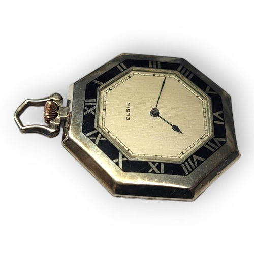 41 - ELGIN, AN ART DECO WHITE METAL AND ENAMEL GENT’S OCTAGONAL POCKET WATCH
With black bezel, engraved n... 