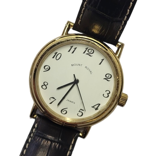 43 - MOUNT ROYAL, A GOLD PLATED OVERSIZED GENTS WRISTWATCH
Circular white dial with Arabic number marking... 