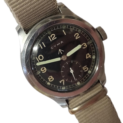 48 - CYMA, MILITARY DIRTY DOZEN, A VINTAGE STAINLESS STEEL GENT’S WRISTWATCH
Circular black dial with Ara... 