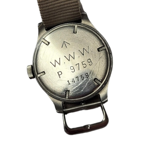 48 - CYMA, MILITARY DIRTY DOZEN, A VINTAGE STAINLESS STEEL GENT’S WRISTWATCH
Circular black dial with Ara... 