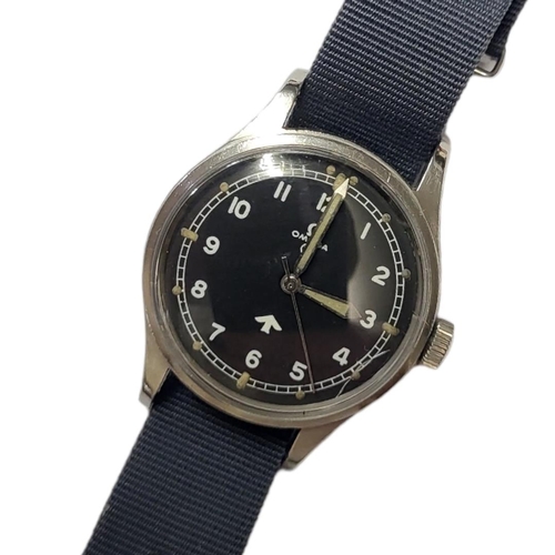 49 - OMEGA, A VINTAGE 'MILITARY RAF' STAINLESS STEEL GENT’S WRISTWATCH
Circular black dial with arabic nu... 