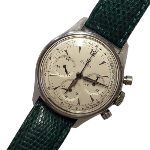 52 - OMEGA, A VINTAGE STAINLESS STEEL GENT’S CHRONOGRAPH WRISTWATCH
Circular silver tone dial with tachym... 