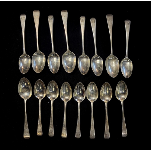 6 - A MATCHED SET OF SIXTEEN GEORGIAN SILVER TEASPOONS
Plain form, with engraved family crest of an eagl... 