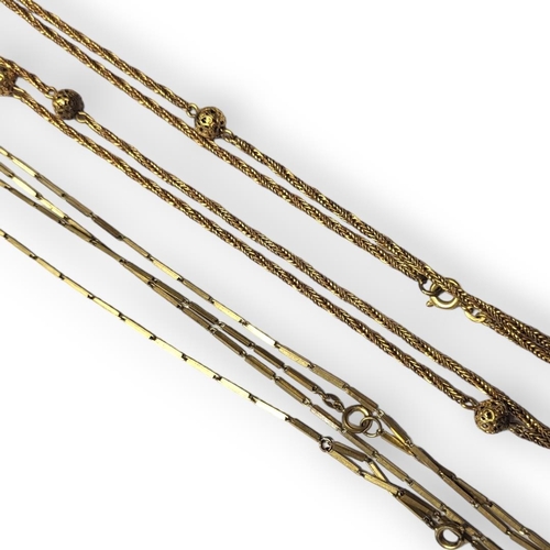 70 - AN EARLY 20TH CENTURY YELLOW METAL FINE LINK GUARD CHAIN
Together with a yellow metal necklace with ... 