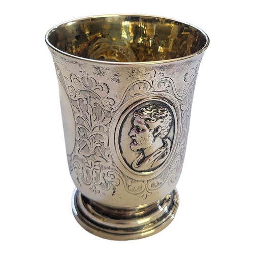 80 - GEORGE ANGELL AND CO., A VICTORIAN NEOCLASSICAL SILVER BEAKER
Having a flared rim and two embossed p... 