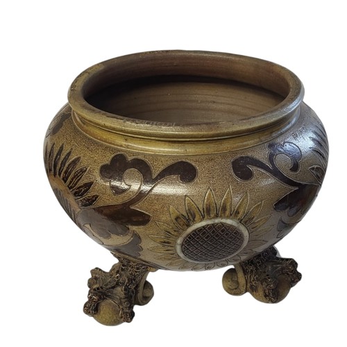 246 - AN IMPRESSIVE MARTIN BROTHERS STONEWARE GLOBULAR JARDINIÈRE 
Light brown lustre body, sgraffito orga... 