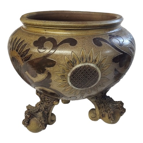 246 - AN IMPRESSIVE MARTIN BROTHERS STONEWARE GLOBULAR JARDINIÈRE 
Light brown lustre body, sgraffito orga... 