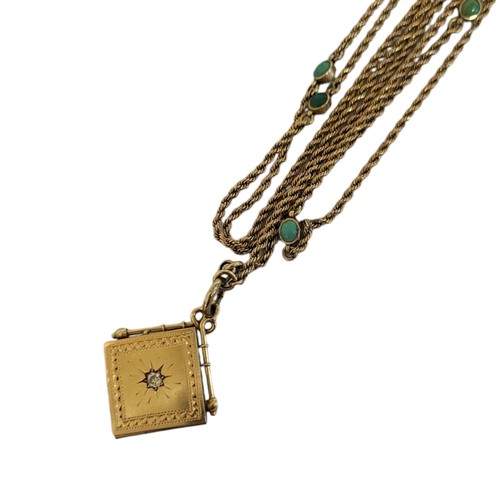 81 - A VICTORIAN 9CT GOLD AND TURQUOISE GUARD CHAIN AND AN 18CT GOLD AND DIAMOND PENDANT LOCKET
Having ro... 