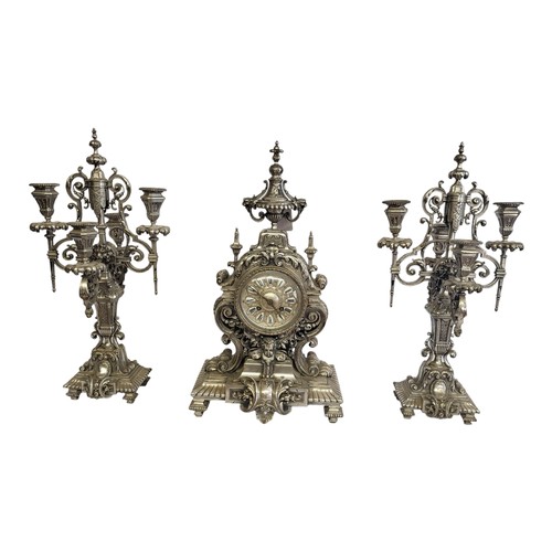 220 - A. CARLHIAN & BEAUMETZ OF PARIS, A 19TH CENTURY FRENCH ROCOCO REVIVAL GILDED SILVERED CLOCK GARNITUR... 