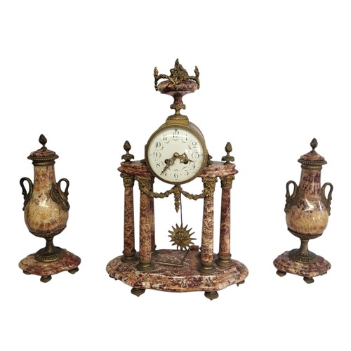 219 - A FINE 19TH CENTURY FRENCH EMPIRE STYLE RED/BLUE JOHN ORMOLU MOUNTED CLOCK GARNITURE/TIMEPIECE/PORTI... 