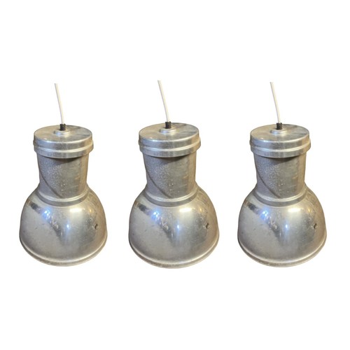 224 - A SET OF THREE INDUSTRIAL ALUMINUM LIGHTS.
(39cm)

Condition: good, some light marks