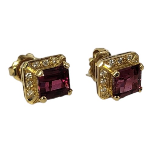 25A - A PAIR OF 18CT GOLD, DIAMOND AND GEM SET STUD EARRINGS
Set with rectangular cut pink tone stone edge... 