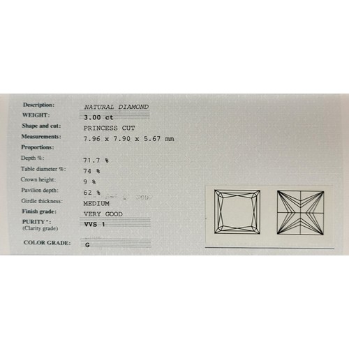 44A - AN 18CT GOLD AND 3CT NATURAL DIAMOND SOLITAIRE RING
The single Princess cut stone on an 18ct gold sh... 