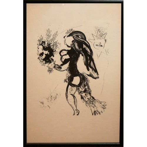 410 - AFTER MARC CHAGALL, 1887 - 1985, A BLACK AND WHITE LITHOGRAPH PRINT
Titled 'L'Offrande', female figu... 