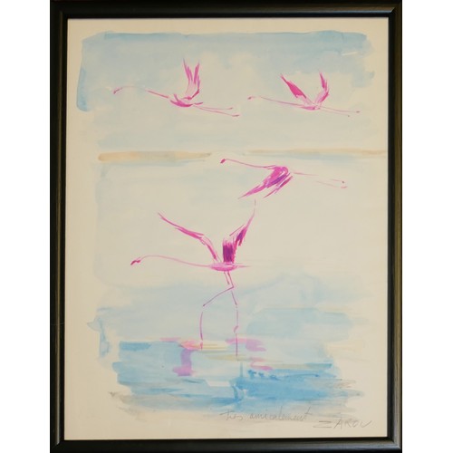 428 - ZAROU AQUARELLE, WATERCOLOUR 
Landscape, group of flamingos, titled 'Tres Amicalement', signed lower... 