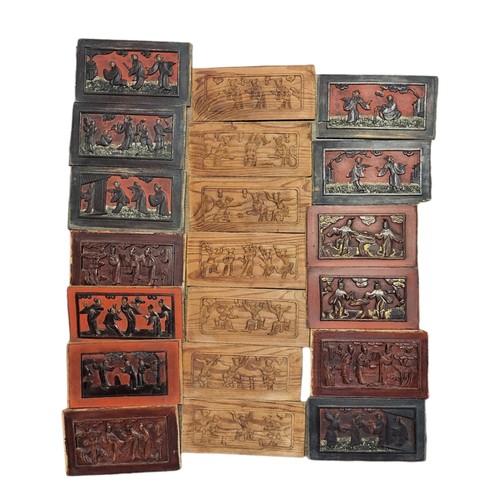 8 - A SET OF SEVEN 19TH CENTURY CHINESE EXPORT ELM AND FRUITWOOD CARVED PANELS 
Together with thirteen h... 