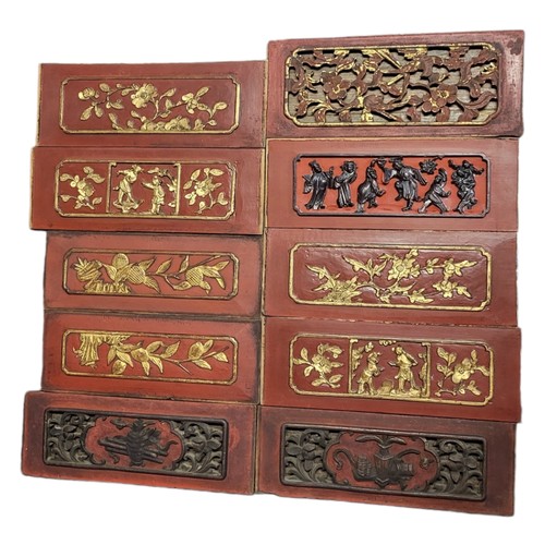 6 - A SET OF TEN CHINESE EXPORT LATE 19TH CENTURY TIELI HARDWOOD RED LACQUER WOODEN PANELS
Carved in rel... 