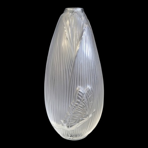 34 - LALIQUE OF FRANCE, A MODERN OPALESCENT FROSTED ART GLASS POSY/BUTTERFLY VASE
Moulded to one side wit... 