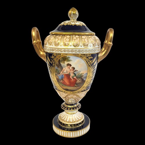 51 - A FINE LATE 19TH CENTURY DRESDEN WOLFSON HELENA NEOCLASSICAL PORCELAIN JEWELLED URN AND COVER, CIRCA... 