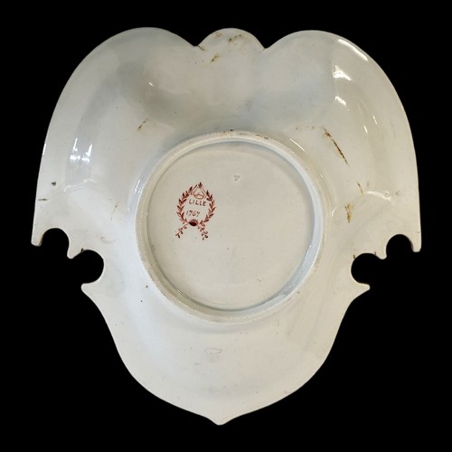 54 - A FRENCH LILLE FACTORY EARLY 20TH CENTURY 18TH CENTURY STYLE CARTOUCHE SHAPE FAIENCE ARMORIAL DISH
P... 