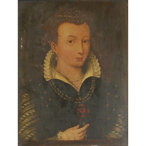 443 - A 17TH CENTURY NORTH ITALIAN SCHOOL OIL ON PANEL, BUST LENGTH PORTRAIT OF A YOUNG LADY
Wearing a lac... 