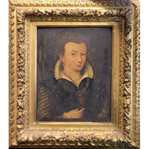 443 - A 17TH CENTURY NORTH ITALIAN SCHOOL OIL ON PANEL, BUST LENGTH PORTRAIT OF A YOUNG LADY
Wearing a lac... 