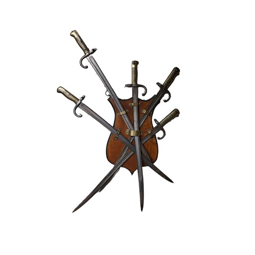 157 - A COLLECTION OF FIVE 19TH CENTURY FRENCH ARMY BAYONETS
Brass handles and inscribed blade edges inclu... 