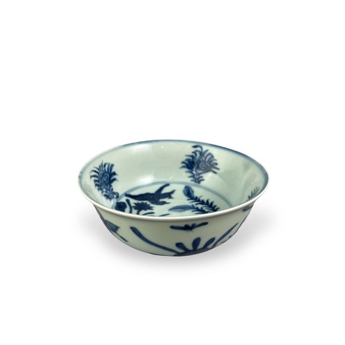 109 - A CHINESE MING DESIGN BLUE AND WHITE PORCELAIN BOWL
Hand painted with water plants and birds, bearin... 