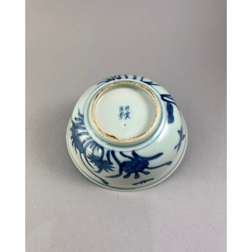 109 - A CHINESE MING DESIGN BLUE AND WHITE PORCELAIN BOWL
Hand painted with water plants and birds, bearin... 