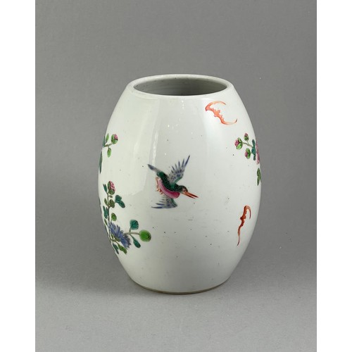 111 - A CHINESE FAMILLE ROSE OVOID PORCELAIN VASE
Hand painted decoration of flowers, birds and bats.
(app... 