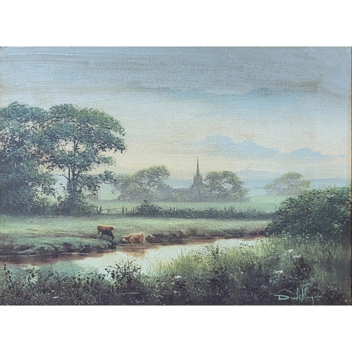 458 - A 20TH CENTURY BRITISH SCHOOL HEART OF ENGLAND OIL  ON CANVAS
Rural landscape view with village chur... 