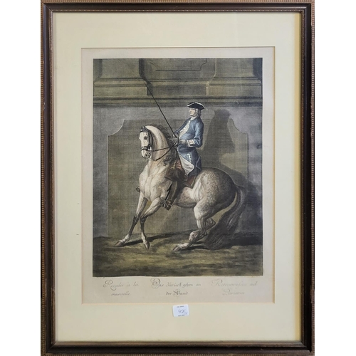 474 - AFTER J.E. RIDINGER, A SET OF THREE EQUESTRIAN INTEREST COLOURED ENGRAVINGS
All depicting noblemen o... 