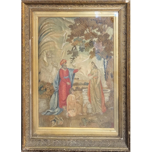 447 - A 19TH CENTURY STUMPWORK PICTURE, REBECCA AT WELL
Framed and glazed.
(64cm x 80cm)

Condition: silk ... 