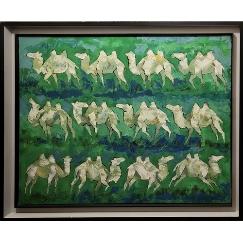 440 - MONKHOR ERDENEBAYAR, MONGOLIAN, OIL ON CANVAS
Titled ‘Camels’, signed verso, framed.
(112cm x 92cm)
... 