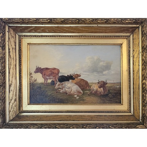 457 - AFTER THOMAS SYDNEY COOPER, 1803 - 1903, OIL ON BOARD 
Landscape, small herd of recumbent cattle, si... 