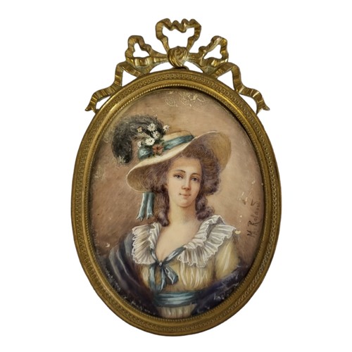 462 - M. ROLLAND, A LATE 19TH CENTURY OVAL MINIATURE PAINTING ON IVORY
Portrait of a lady in feather straw... 