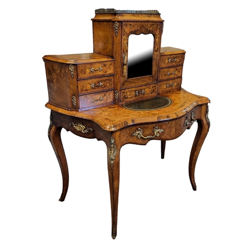 523 - A HIGH VICTORIAN WALNUT AND FLORAL MARQUETRY INLAID LADIES WRITING TABLE, with pierced brass gallery... 