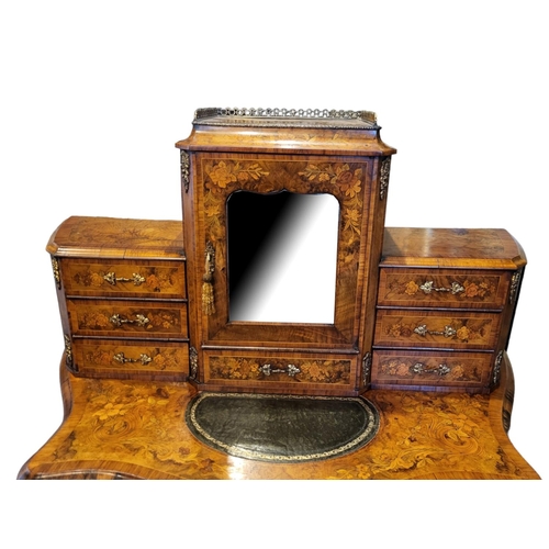 523 - A HIGH VICTORIAN WALNUT AND FLORAL MARQUETRY INLAID LADIES WRITING TABLE, with pierced brass gallery... 