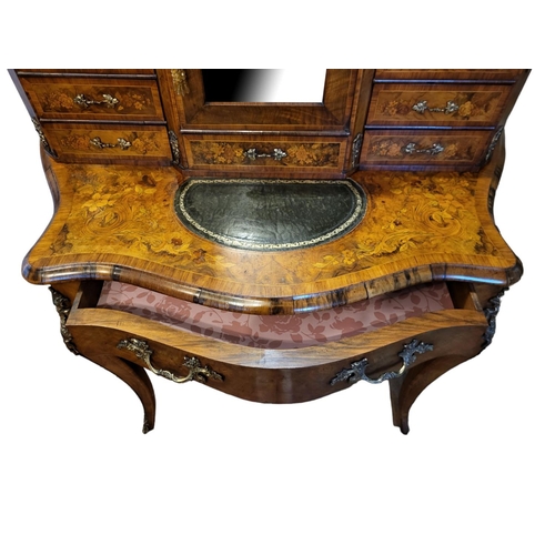 523 - A HIGH VICTORIAN WALNUT AND FLORAL MARQUETRY INLAID LADIES WRITING TABLE, with pierced brass gallery... 