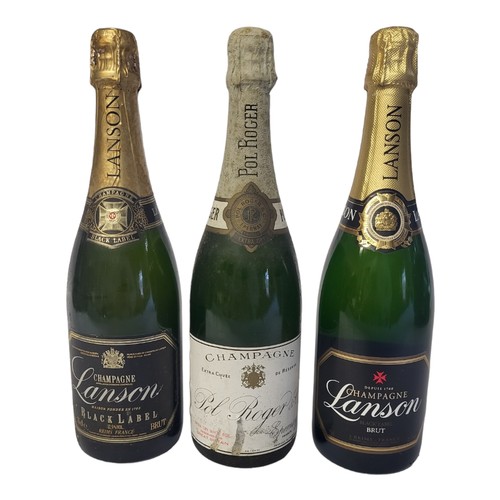 158 - LANSON, BLACK LABEL, TWO BOTTLES OF CHAMPAGNE
Along with a 750ml bottle of Pol Roger white foil rese... 
