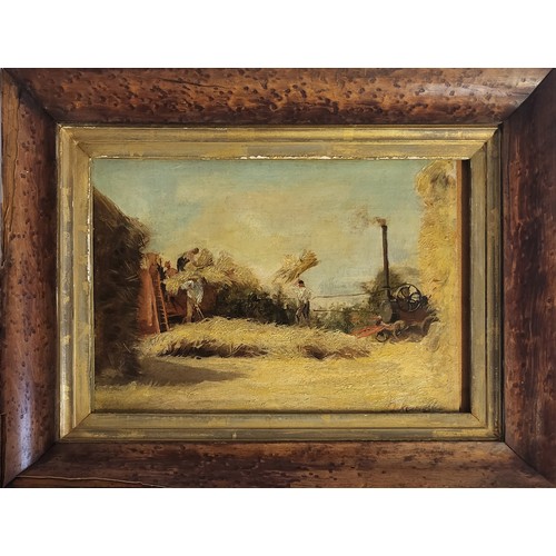 484 - T. KENNINGTON, AN EARLY 20TH CENTURY OIL ON BOARD
Titled 'Threshing By Stream', landscape, haymaking... 