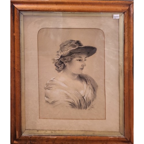 489 - A 19TH CENTURY CHARCOAL AND PASTEL PORTRAIT  
Female wearing a hat and period attire, indistinctly s... 