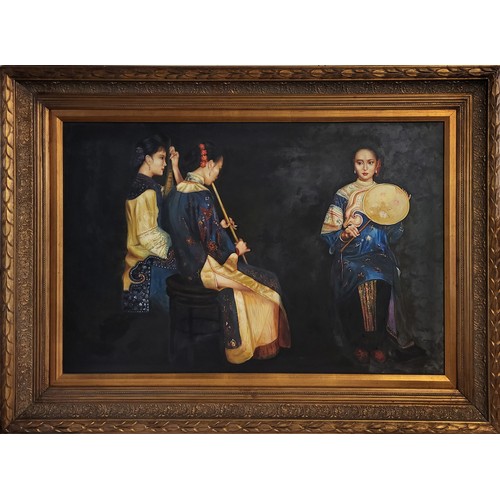 490 - AFTER CHEN YIFEI, 1946 - 2005, OIL ON CANVAS GROUP 
Portrait, titled 'Three Shaghai Ladies, musician... 