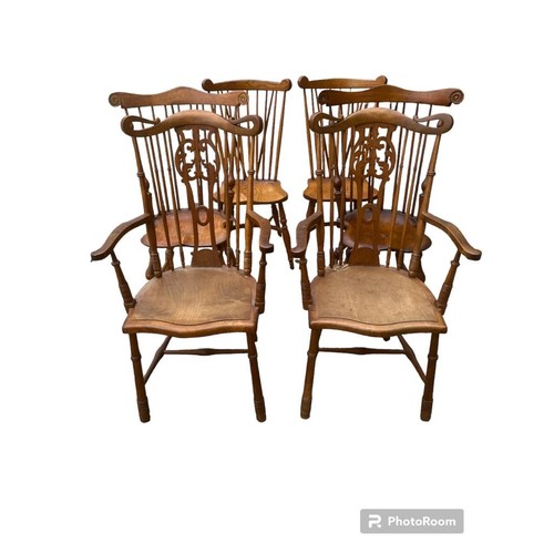 551 - A MATCHED SET OF SIX VICTORIAN STYLE STICK BACK OAK AND PINE DINING CHAIRS.
(60cm x 50cm x 122cm)

C... 