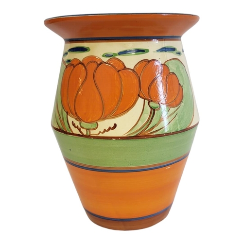 209 - CLARICE CLIFF, FANTASQUE RANGE, AN ART DECO CONICAL CYLINDRICAL SHAPED RED LILY PATTERN VASE, CIRCA ... 