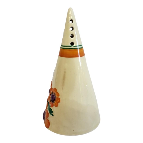 212 - CLARICE CLIFF, BIZARRE RANGE, A CONICAL SUGAR SIFTER 
In Marguerite pattern, painted to one side wit... 