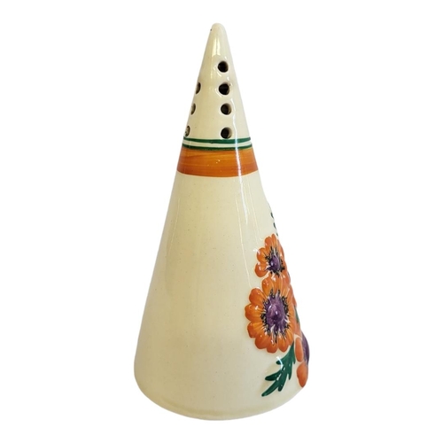 212 - CLARICE CLIFF, BIZARRE RANGE, A CONICAL SUGAR SIFTER 
In Marguerite pattern, painted to one side wit... 