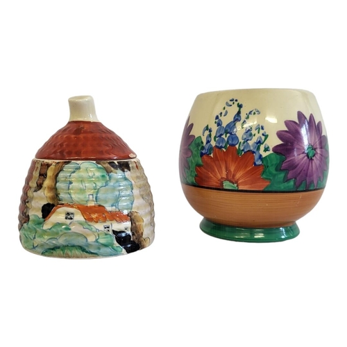 213 - CLARICE CLIFF, BIZARRE RANGE, FOREST GLEN PATTERN BEEHIVE HONEY POT/JAM POT, CIRCA 1935-37
Painted w... 